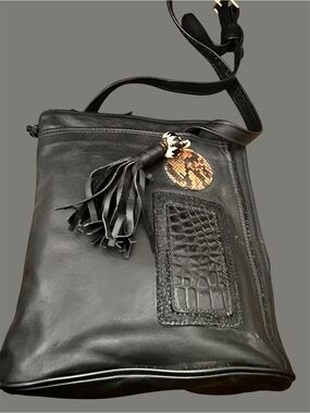 Vintage KC branded Black Leather Crossbody Bag with Tassel Accent
